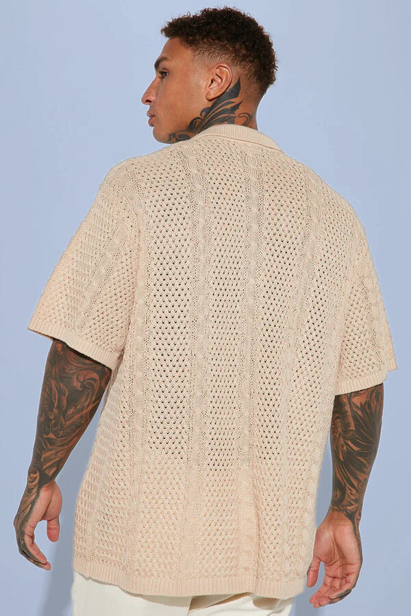 Unwind Cable Knit Short Sleeve Button Up