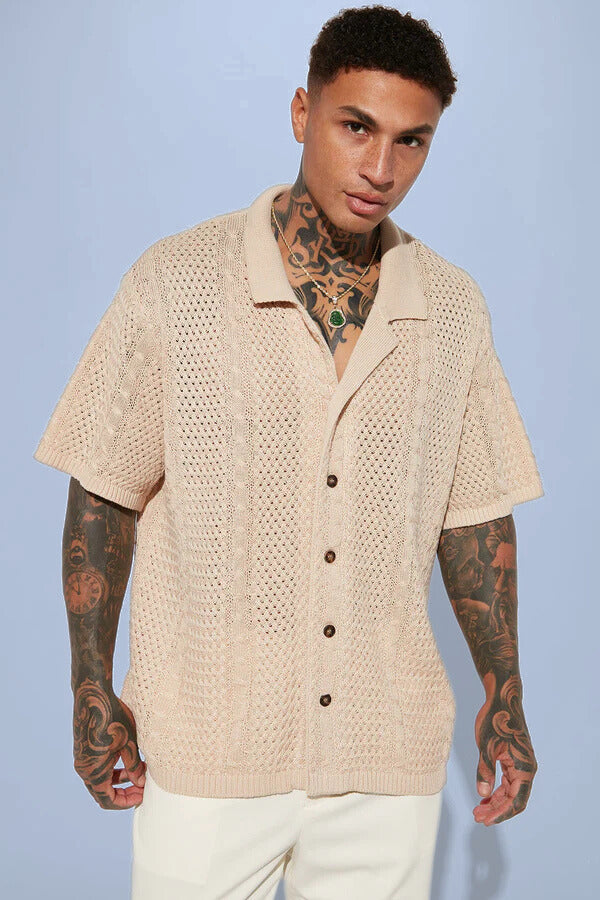 Unwind Cable Knit Short Sleeve Button Up
